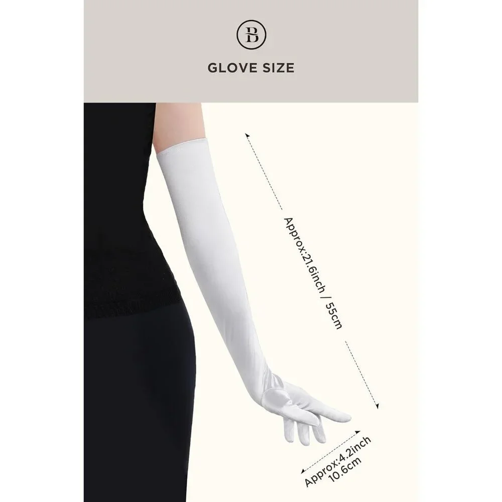 Women's White Vintage Satin Long Gloves Party Costume Stretchy Elbow Length